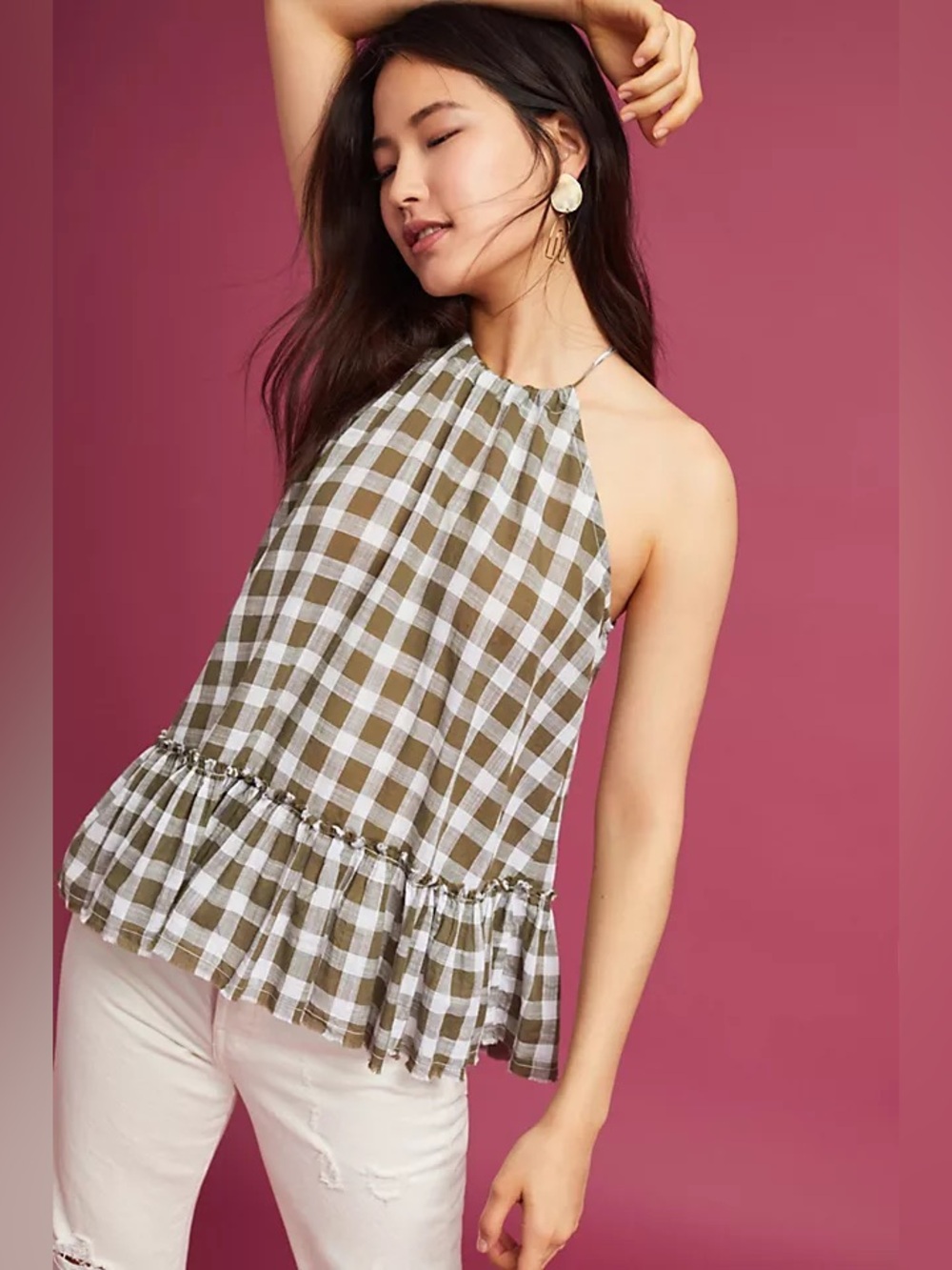 For The Republic Olive Green and White Gingham Tank Top